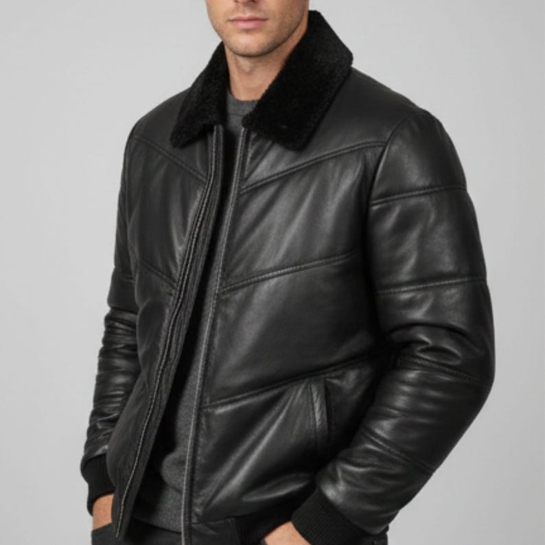Men's Black Lambskin Leather Puffer Jacket: Quilted Down Winter Coat image 6