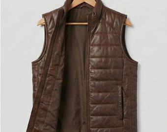 Mens Brown Lambskin Leather Puffer Vest: Insulated Winter Outerwear