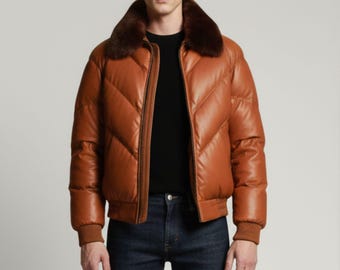 Mens Puffer Down Jacket: Lambskin Fur Collar, Warm Winter Coat