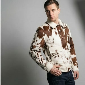 Mens Cow Print Cowhide Jacket: Western Hair-On Pony Skin Leather Coat image 4