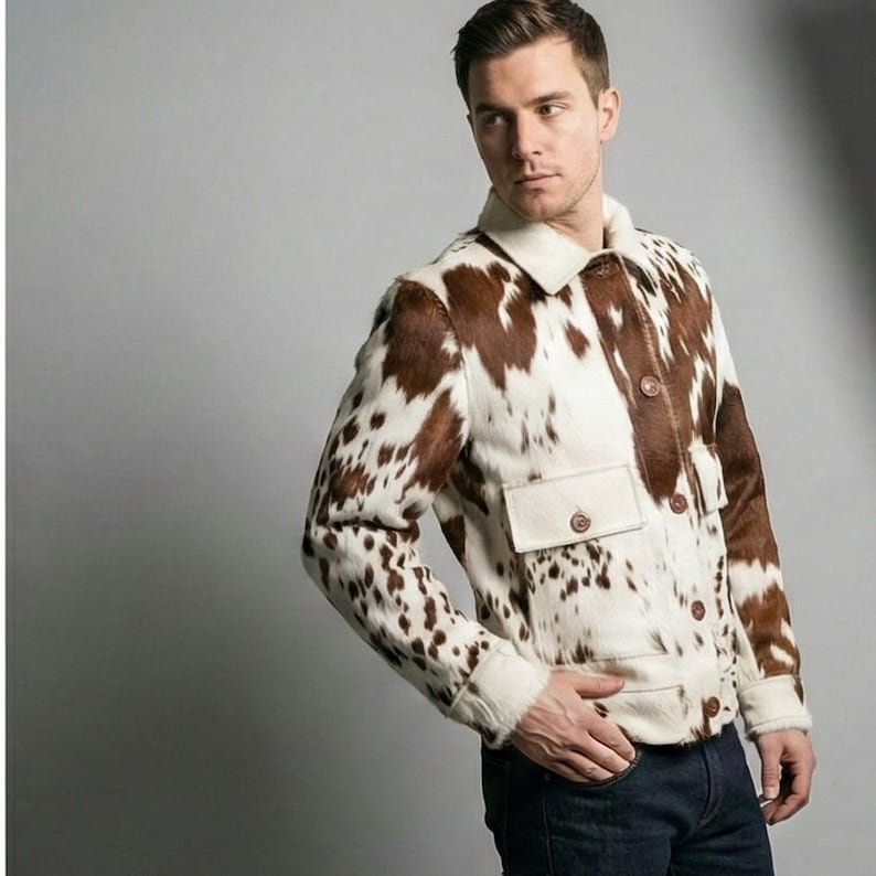 Mens Cow Print Cowhide Jacket: Western Hair-On Pony Skin Leather Coat image 4