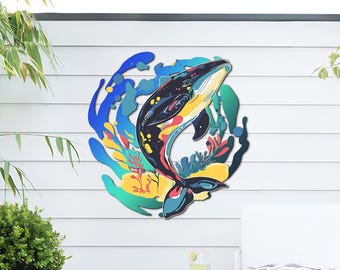 Colorful Whale Shark Metal Wall Art: Nautical Coastal Decor