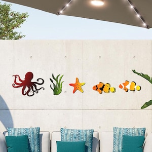 Coastal Ocean Metal Wall Art Set of 5 - Octopus, Starfish, Clownfish, Seaweed Décor Sign for Indoor Beach House, Outdoor Patio & Bathroom