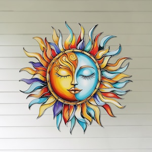 Colorful Sun and Moon Face Metal Wall Art – Boho Celestial Decor – Witchy Wall Hanging for Outdoor Patio, Living Room – Spiritual Garden Art