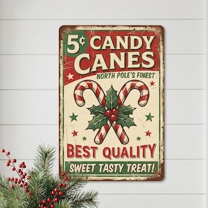 Christmas Candy Cane Metal Sign • Retro Holiday Wall Art • Vintage Festive Décor Gift
