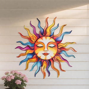 Custom Colorful Sun & Moon Face Metal Wall Art – Personalized Boho Garden Sign – Wacky Sun Outdoor Decor for Patio – Spiritual Wall Art