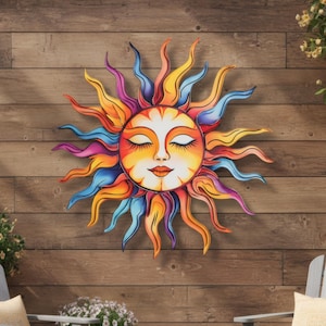 Custom Colorful Sun & Moon Face Metal Wall Art – Personalized Boho Garden Sign – Wacky Sun Outdoor Decor for Patio – Spiritual Wall Art