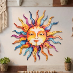 Colorful Sun Face Metal Wall Art - Bohemian Rainbow Sun Wall Decor - Celestial Metal Wall Hanging - Outdoor Indoor Patio Garden Art