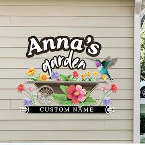 Custom Hummingbird & Flowers Metal Garden Sign, Personalized Garden Name Sign, Personalized Garden Flower Sign - Outdoor Yard Garden Decor