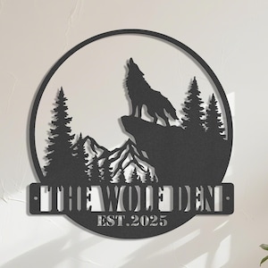 Personalized Wolf Den Metal Sign - Custom Family Name Wall Art - Howling Wolf Mountain Decor - Cabin Lodge Decor - Wilderness Gift