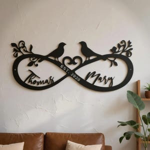 Benutzerdefinierte Infinity Liebe Vögel Metall Wandkunst - Personalisierte Paar Namen Zeichen - Hochzeitstag Dekor - Romantische Haus Wand Dekor