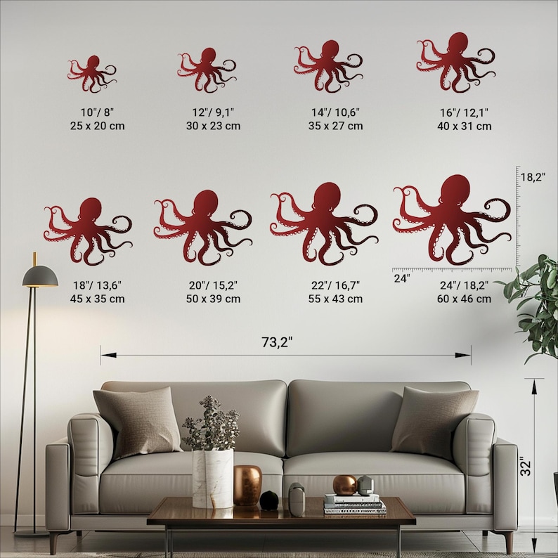 May include: A set of six red metal octopus wall decor pieces in various sizes. The octopus are shown on a white wall with measurements in inches and centimeters. The largest octopus is 24 inches wide and 18.2 inches tall. The smallest octopus is 10 inches wide and 8 inches tall.