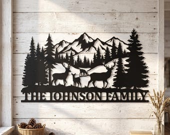 Nom de famille personnalisé cerf, art mural en métal pour cabane rustique, cadeau de chasse pour papa