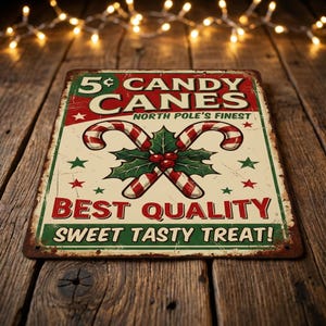 Peut inclure: Panneau m&eacute;tallique vintage avec une finition vieillie, affichant le texte "5&cent; CANDY CANES" et "NORTH POLE'S FINEST". Le panneau a un fond cr&egrave;me avec des accents rouges et verts, des illustrations de cannes en sucre et de houx, et les mots "BEST QUALITY SWEET TASTY TREAT!"