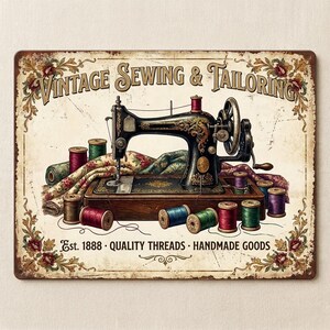 May include: Vintage metal sign depicting a black sewing machine, floral details, and colourful thread spools. The sign reads "Vintage Sewing & Tailoring" and "Est. 1888 - Quality Threads - Handmade Goods."