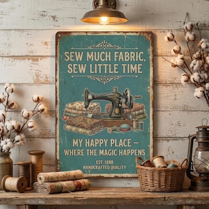 Pode incluir: Uma placa de metal em estilo vintage com o texto "SEW MUCH FABRIC, SEW LITTLE TIME" e uma ilustração de uma máquina de costura. A placa é turquesa com um visual desgastado, e o texto "MY HAPPY PLACE" também está incluído.