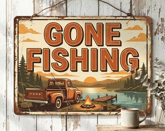 Vintage Lake House Metal Sign – Retro Truck Lake Sunset Decor – Fisherman Cabin Wall Art
