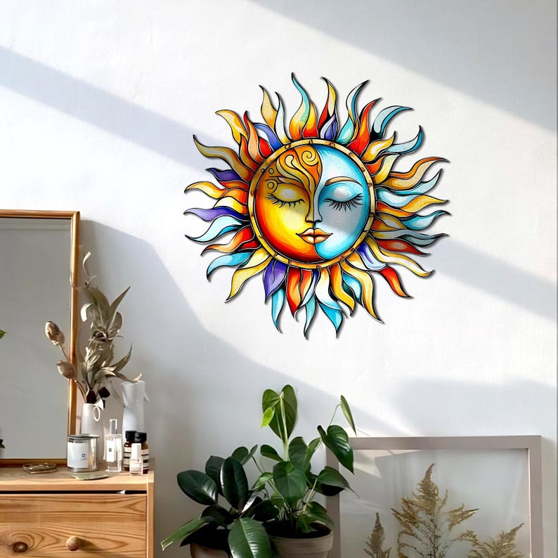 Colorful Sun and Moon Face Metal Wall Art - Boho Celestial Decor ...
