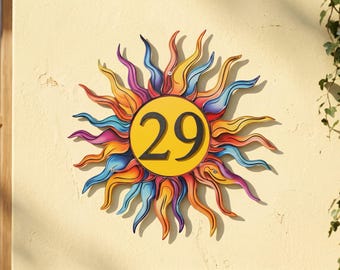 Personalisiertes Sun Hausnummer Schild, Benutzerdefiniertes Adressschild im Freien, bunte Boho Metallwandkunst