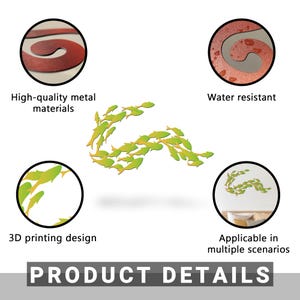 May include: A 3D printed metal wall decor featuring a school of fish in a green and yellow color scheme. The product is water resistant and made with high-quality materials.  The image shows the product in different scenarios, including on a wall and on a table.