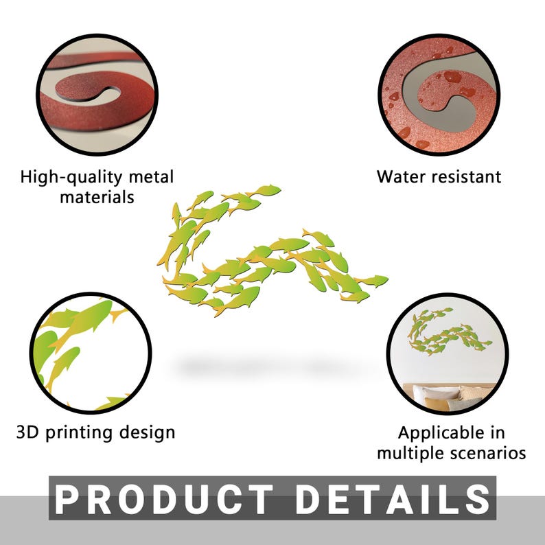 May include: A 3D printed metal wall decor featuring a school of fish in a green and yellow color scheme. The product is water resistant and made with high-quality materials.  The image shows the product in different scenarios, including on a wall and on a table.