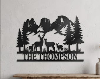 Plaque en métal personnalisée famille cerf, décoration de cabane de montagne rustique, art mural animalier, cadeau personnalisé pour papa