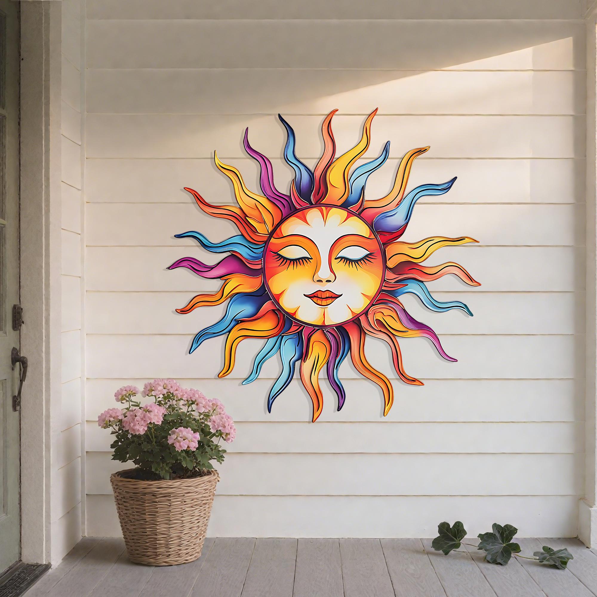 Custom Colorful Sun & Moon Face Metal Wall Art – Personalized Boho Garden Sign – Wacky Sun Outdoor Decor for Patio – Spiritual Wall Art
