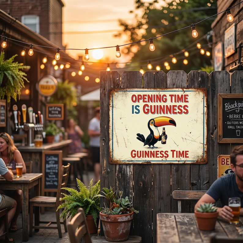 Op de afbeelding: Een metalen bord in vintage stijl met de tekst "Opening Time Is Guinness" en een toekan die een Guinness-fles vasthoudt. Het bord is bevestigd aan een verweerde houten hek, met een pubsc&egrave;ne op de achtergrond.