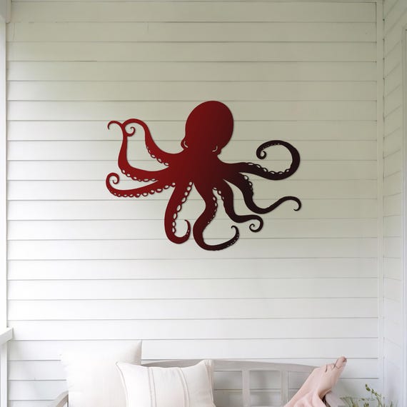 Red Metal Octopus Wall Art: Coastal Nautical Decor