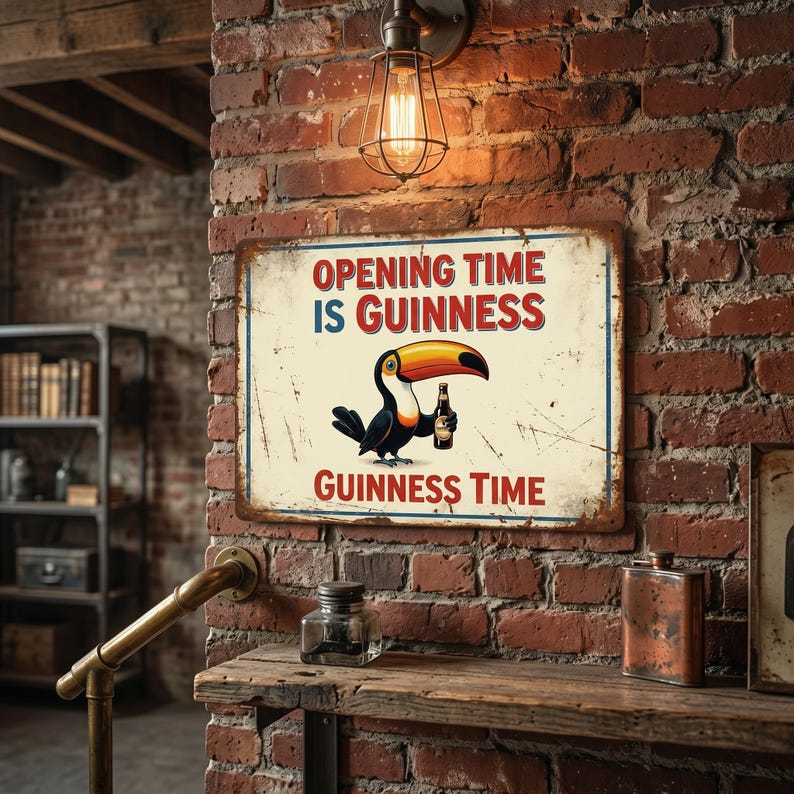 Op de afbeelding: Een metalen bord in vintage-stijl met de tekst "OPENING TIME IS GUINNESS" in rode letters. Een cartoon toekan met een Guinness-fles in het midden. Het bord is bevestigd aan een bakstenen muur.