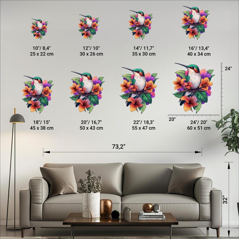 May include: A set of eight hummingbird wall decals in various sizes, ranging from 10 inches to 24 inches. The decals feature a hummingbird with colourful flowers and leaves. The decals are shown on a white wall with measurements in inches and centimetres.