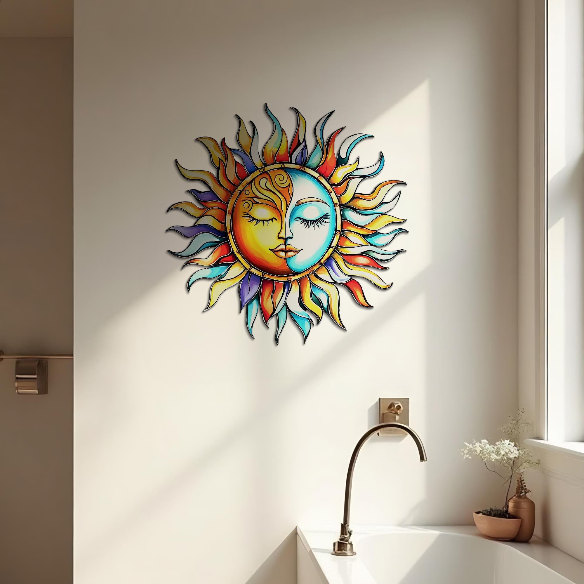 Colorful Sun and Moon Face Metal Wall Art - Boho Celestial Decor ...