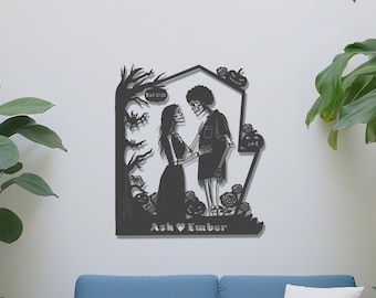 May include: Black metal wall art featuring a skeleton couple in a gothic-style frame. The design includes bats, pumpkins, and roses. The text "Ash Ember Est 2025" is displayed at the bottom, perfect for Halloween or gothic decor.