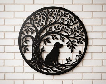 May include: A circular black metal wall art piece featuring a detailed silhouette of a dog sitting beneath the sprawling branches of a tree. The design is cut out from a single flat sheet, showcasing intricate leaf patterns and a sturdy trunk.