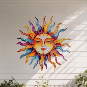 Decorazione da parete in metallo con sole colorato - Decorazione da parete in stile boho arcobaleno - Decorazione da parete in metallo celeste - Decorazione da parete per esterni, interni, patio e giardini