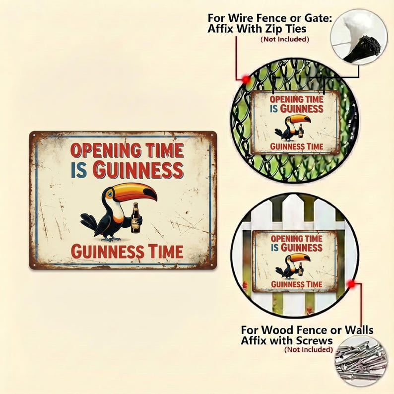 Op de afbeelding: Een rechthoekig metalen bord met een verweerde afwerking, met een toekan die een Guinness-fles vasthoudt. Het bord leest "OPENING TIME IS GUINNESS" en "GUINNESS TIME". Extra cirkelvormige afbeeldingen tonen montageopties.