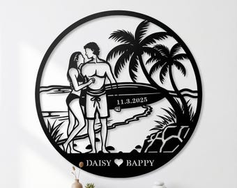 "Personalisierte Strand paar Metall-Schild ""Hochzeit Jahrestag Dekor"" "" Surfende Braut & Bräutigam Wandkunst."