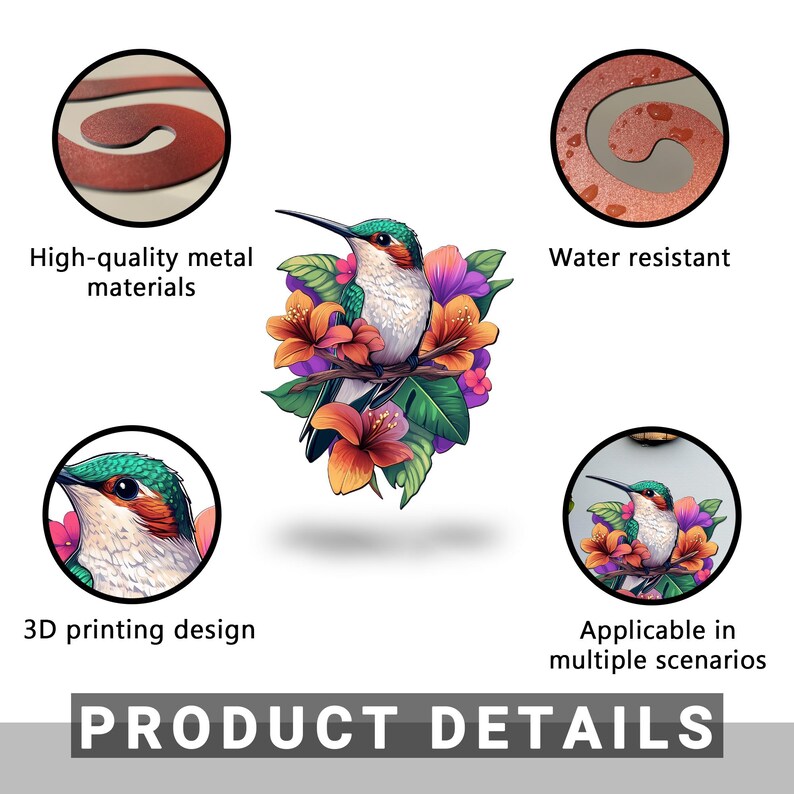 May include: A 3D printed metal hummingbird with colourful flowers, designed to be water resistant. The hummingbird is green, blue, and white with a long beak. The flowers are pink, purple, orange, and yellow.