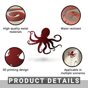 May include: Red metal octopus wall decor with a 3D printing design. The octopus is shown against a white background. The product details include high-quality metal materials, water resistant, and applicable in multiple scenarios.