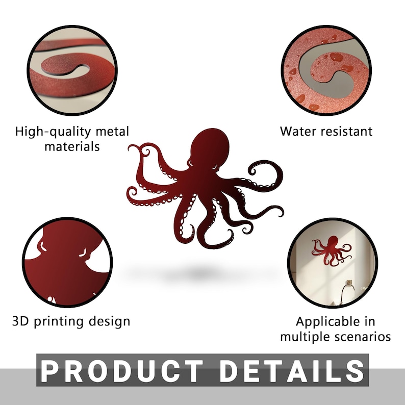 May include: Red metal octopus wall decor with a 3D printing design. The octopus is shown against a white background. The product details include high-quality metal materials, water resistant, and applicable in multiple scenarios.