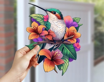 Colorful Hummingbird and Flower Metal Wall Art - Floral Bird Metal Gard Sign - Outdoor Garden Decor for Living Room, Bathroom, Patio, Porch