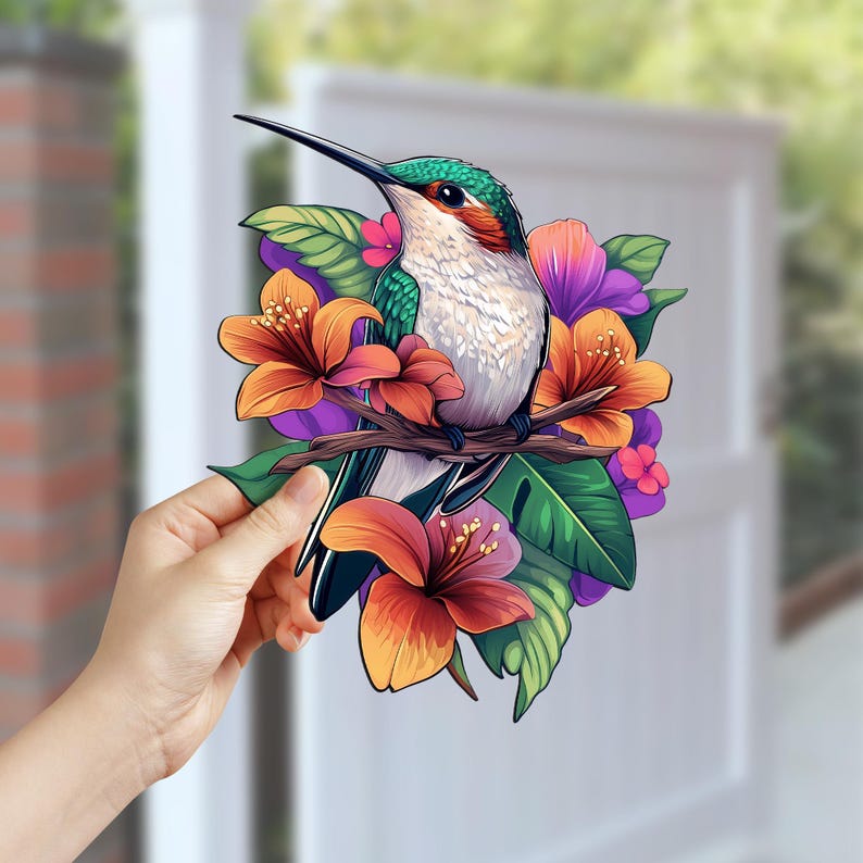 May include: A green and white hummingbird perched on a branch with orange, purple, and green flowers. The hummingbird is surrounded by lush green leaves.