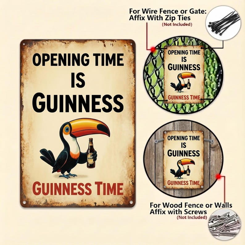 May include: A vintage-style metal sign with the text "OPENING TIME IS GUINNESS" and "GUINNESS TIME". It features a cartoon toucan holding a Guinness bottle. The sign is designed to be affixed to a wire fence or wood wall.