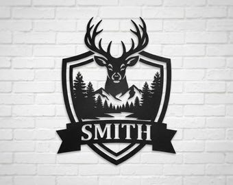 Personalisierte Hirsch Familie Metall Schild • Rustikale Hütte Metall Wand Kunst • Jagd Geschenk für Papa