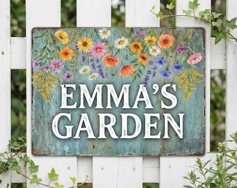 Personalisiertes Metall Gartenschild • Benutzerdefinierte Name Outdoor Wanddekoration • Vintage Blumengeschenk für Gärtner