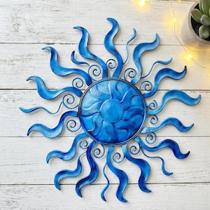 Blue Metal Sun Wall Art – Celestial Garden Decor – Spiritual Outdoor Yoga Zen Sign – Mother's Day Gift for Mom