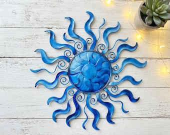 Blauwe metalen muurkunst zon – hemelse tuindecor – spiritueel zen-bord yoga buiten – Moederdagcadeau voor moeder