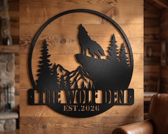 Personalized Wolf Den Metal Sign, Custom Cabin Wall Art, Lodge Decor, Family Name Sign