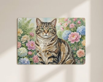 Personalized Cat Metal Sign - Custom Pet Portrait Floral Wall Art - Birthday Gift for Her