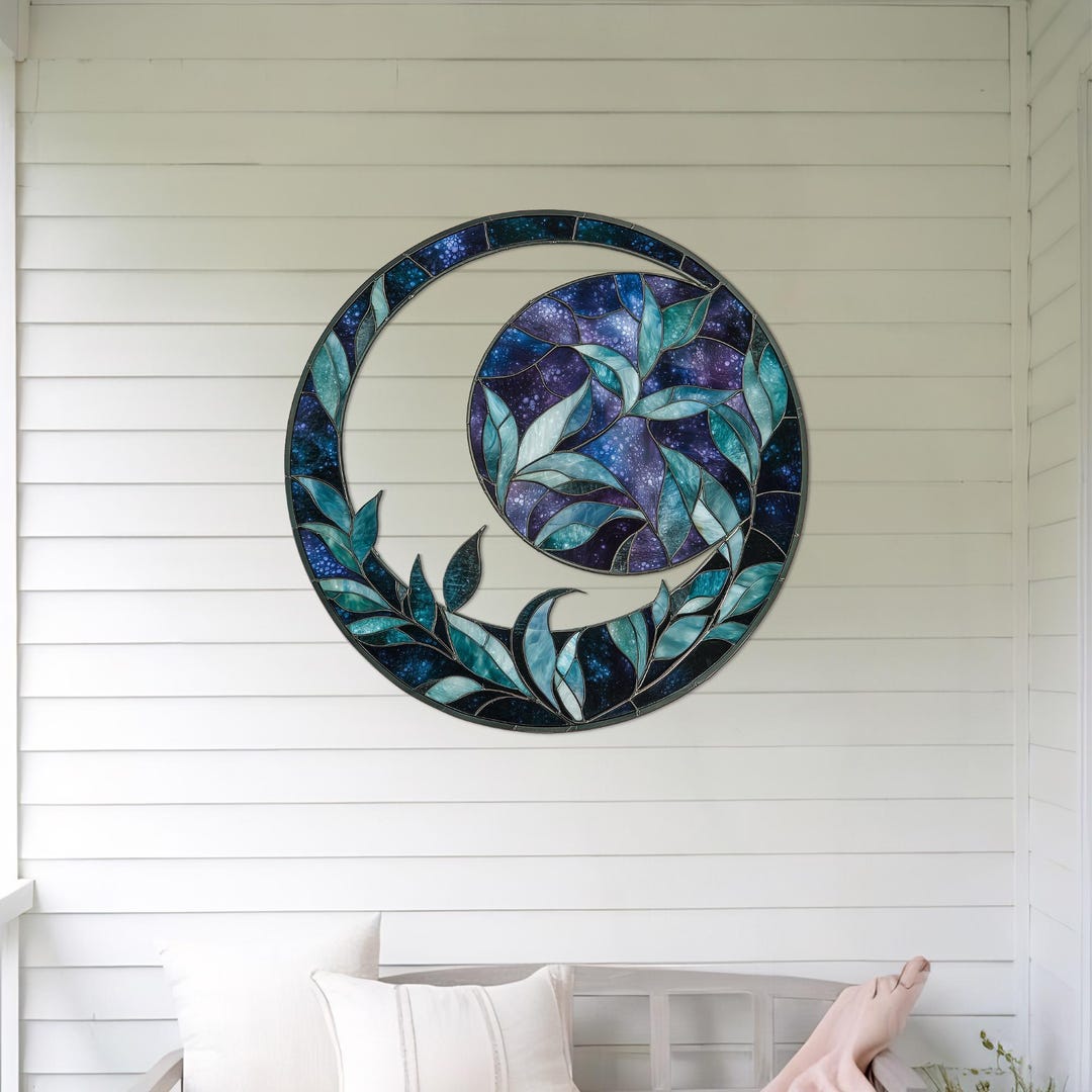 Crescent Moon Metal Wall Art - Celestial Round Decor With Leaf Accents ...